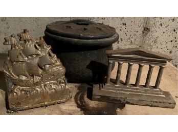 Metal Lidded Pot And Two Vintage Door Stops