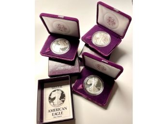 Three 1990 Silver Eagle Coins In Case And Box .999 Fine Silver