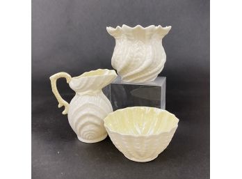 Lot Of 3 Belleek Dishes Cream Sugar And Vase