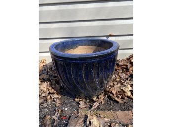 Large Dark Blue Glazed Pottery Planter Plant Pot 12 In Tall By 14 In Wide (cracked!)