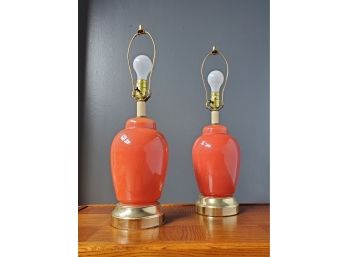 Pair Vintage 70s Orange Glass Ginger Jar Lamps