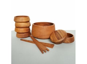 Vintage 70s Modern Solid Hand Carved Teak Salad Serving Set