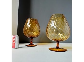 Pair Vintage 70s Huge Oversize Amber Glass Brandy Snifter