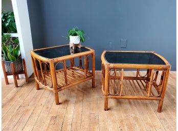 Vintage Mid Century Smoked Double Glass Rattan Side Tables