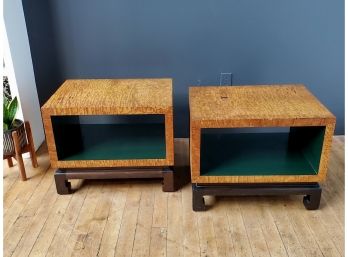 Pair Oversize Mid Century Chinoisere Curly Burlwood Side Tables