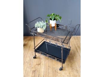 Mid Century Russell Woodard Wrought Iron Bar Cart With Removable Tray Top.