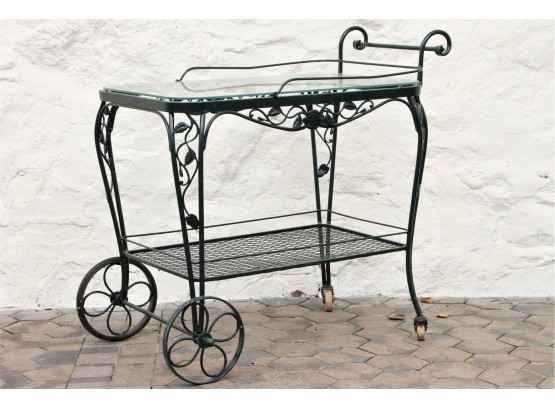 Vintage 1950s Wrought Iron And Glass Bar Cart