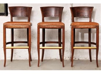 Set Of Three Contemporary Wood & Leather Bar Stools
