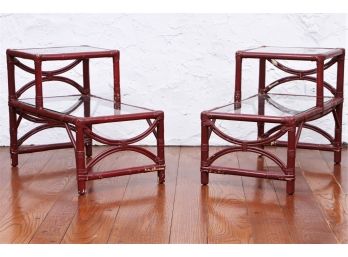Pair Of Vintage Rattan Painted Step Tables