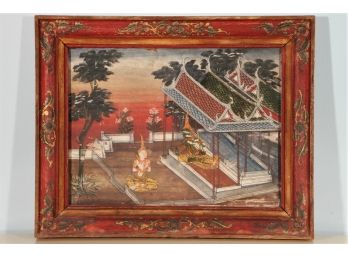 Antique Asian Gouche Painting With Beautiful Carved Frame