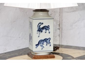 Chinese Blue And White Lamp With Beautiful Custom Silk String Shade