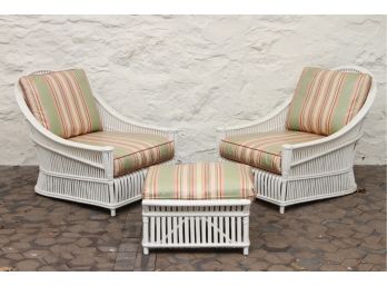 Pair Of Amazing Art Deco Wicker Rattan Chairs With Ottoman