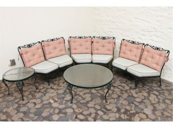 Set Of Vintage Heavy Wrought Iron Love Seats And Two Pebbled Glass Tables
