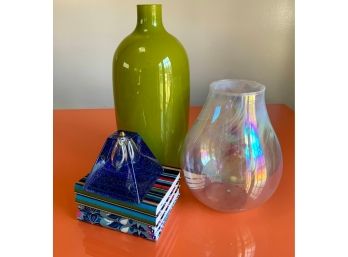 Citrine Vase, White Swirl Vase, Oil Lamp,  & New Colorful Notebooks