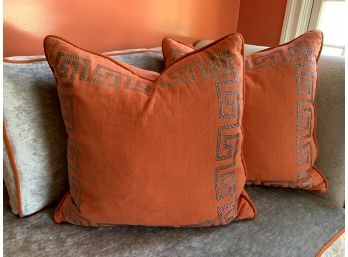 Pair Of Custom Giles Clement Studded Orange Greek Key Pillows