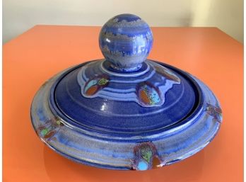 Signed Handmade Pottery With Lid-Blue