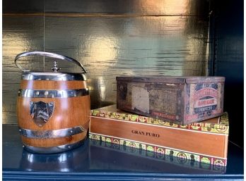 Vintage Ice Bucket With 'K' And Cigar Boxes