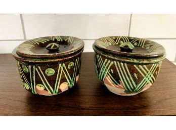 Pair Cermaic Hand Painted Jars With Lids