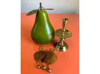 Decor Grouping - Pear, Heavy Quality Brass Candlestick, And Interesting Tassels