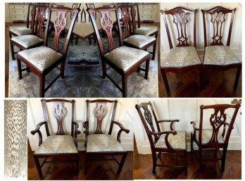 Set Of 12 Henkel Harris Mahogany Chippendale Dining Chairs - Gorgeous Custom Fabric Seats