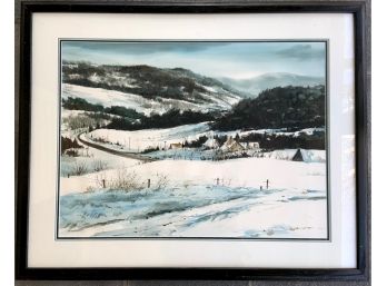 Large Signed Winter Scene Watercolor