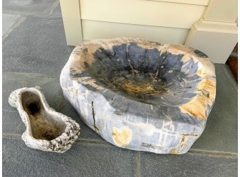 Outdoor Decor Pair - Petrified Wood And Small Vessel