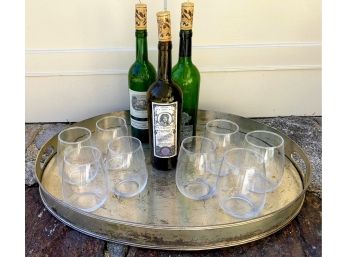 LARGE And HEAVY Metal Tray With 8 (New In Box) Glasses And 3 Collectible Wine Bottles With 'Cork' Candles