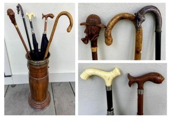 Vintage Umbrella Stand And Collection Of Concord Umbrellas And Walking Sticks