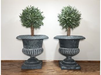 Pair Of Cast Metal Urns With Faux Topiary