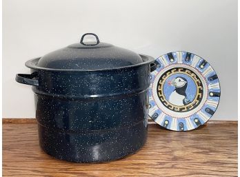 Enamelware Pot And Penguin Plate