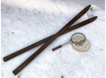 Vintage Wood Skis And Tennis Raquet