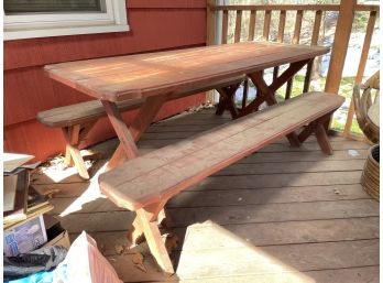 A Vintage Pine Picnic Table And Benches