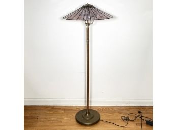 A Vintage Bronze Standing Lamp With Stained Glass Shade