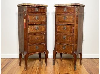 A Pair Of Late 19th Century French Export Marble Top Inlaid Marquetry Ormolu Trimmed Nightstands