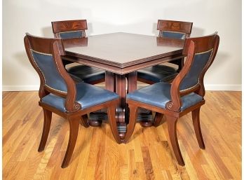 A Custom Mahogany Pedestal Base Dining Or Game Table And Set Of 4 Leather Upholstered Burl Wood Chairs