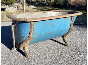 A Fabulous Antique Tin Bathtub With Oak Trim