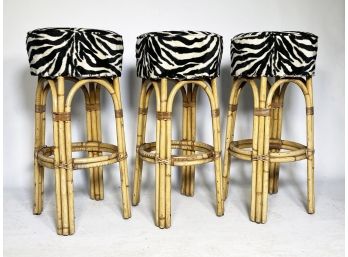 A Set Of 3 Vintage Bamboo Bar Stool With Faux Zebra Fabric