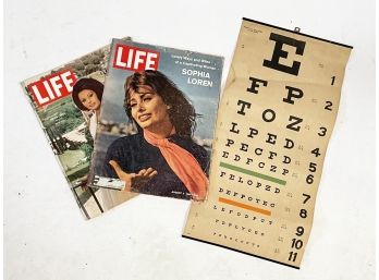 A Pair Of Sophia Loren Life Magazines And A Vintage Eye Chart