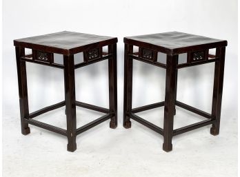 A Pair Of Antique Asian Carved Rosewood Leather Top End Tables