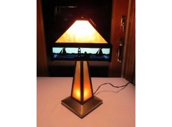 Leaded Stained Glass Table Lamp With Seaside Scene Around Rim - Night Light Base - Brass Finish