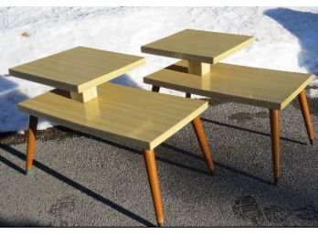 Mid Century Golden Blond Striped Formica Geometric End Tables Maple Legs