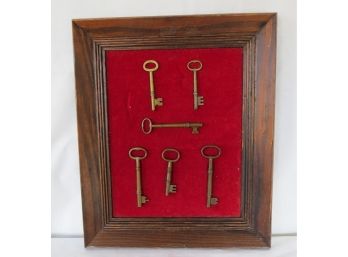 Antique Brass Skeleton Key's Framed On Red Velvet W/Oak Frame - Attractive