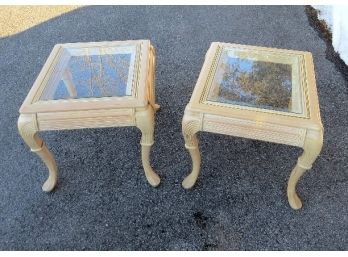 French Provincial Style Light Wood Contemporary Style Glass Topped End Tables - Perfect For The Lenai!