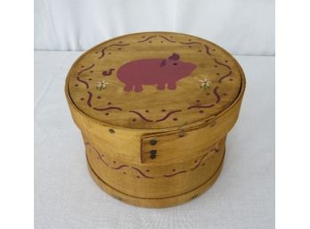 Small Stenciled Wooden Cheese Box With Pig Design