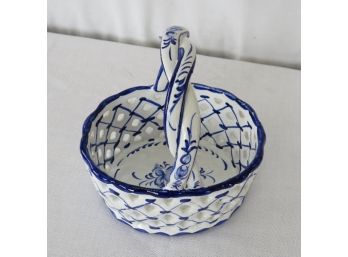 Hand Painted Ceramic Blue And White Lattice Basket With Twisted Handle