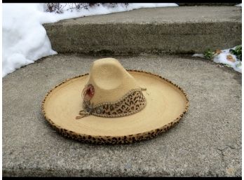 Vintage Mid-century Mexican Pigalle Sombrero W/Leopard Print Edging And Tin Embellishments Vacquero