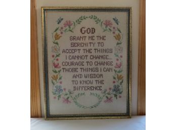 Nicely Framed Under Glass Serenity Prayer Cross Stitch Needlework