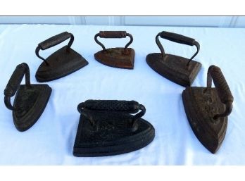 Doorstop Collection Of 6 Early Cast Iron Sad Irons - All Marked, Overall Quite Clean Not Rusted Up!