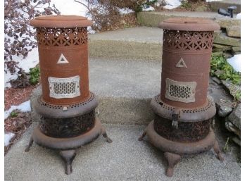 Matching Porch Pair Of Pedestal Plant Holders In These Old Perfection Kerosene Oil Stoves - Be Unique