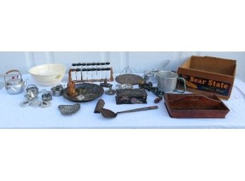 Mixed Antique Country Lot Of Kitchen Smalls, Fruit Crate, Brass Meat Grinder, Cookie Cutters, Bowl, Spice Set